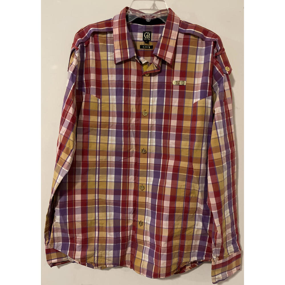 Cavi Mens XL Red Plaid Striped Long-Sleeved Full-Button Cotton Shirt! M1174